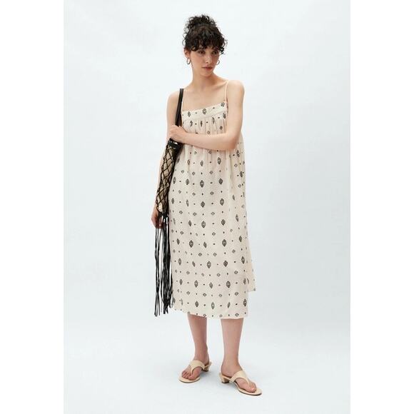 H&M Cotton Linen Printed Sleeveless Midi Sundress Women's Size Large Cream/Black - Picture 1 of 11